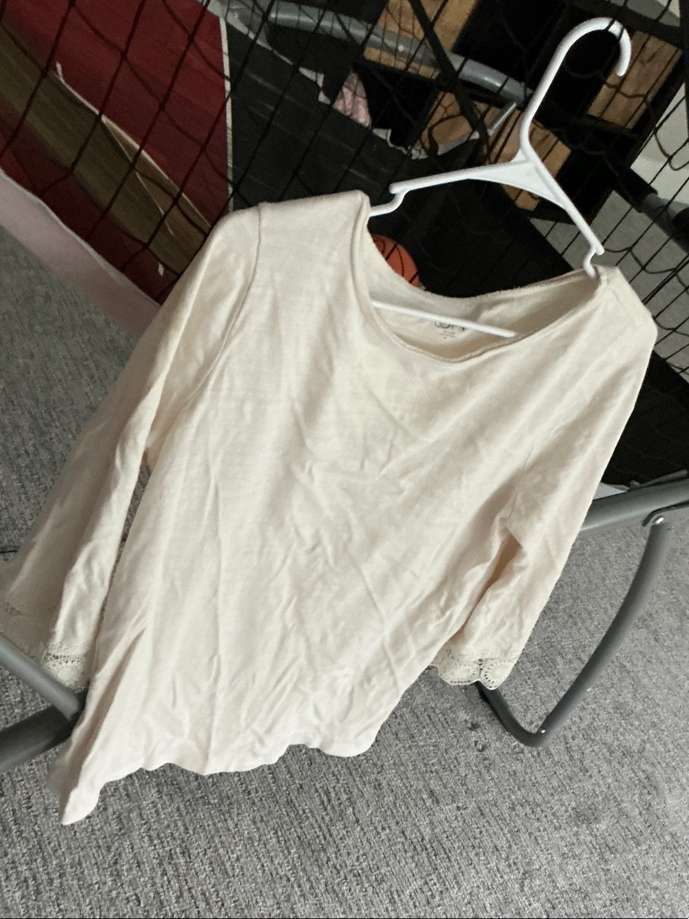 LOFT Cream Long Sleeve Top with Lace Cuffs
